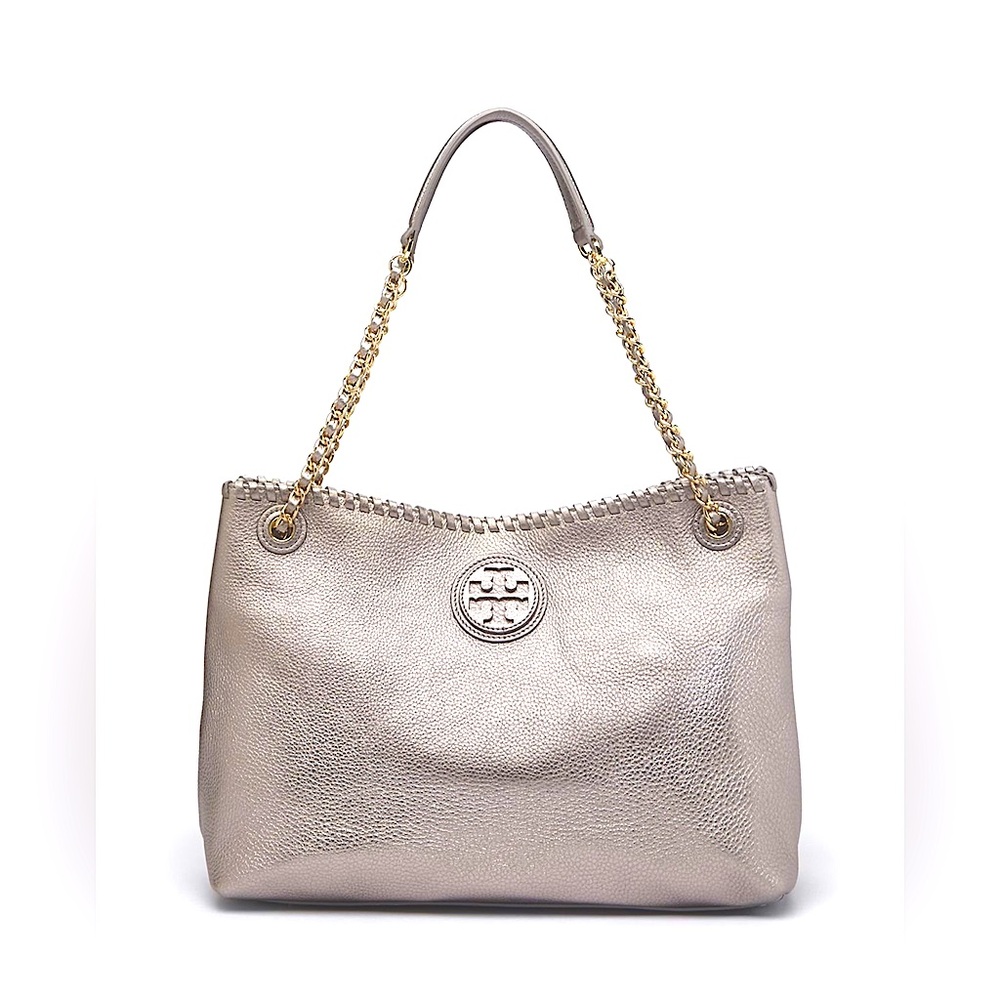 TORY BURCH Marion Tote in Gunmetal Metalic Leather. Pristine Condition.